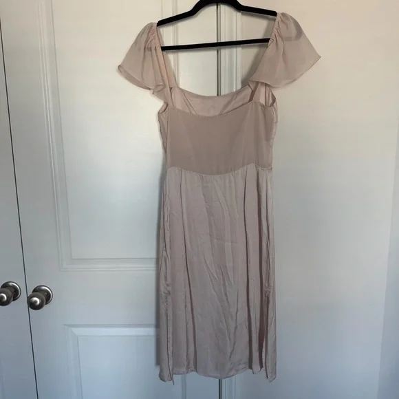 By Anthropologie Flutter-Sleeve Satin Sheath Dress in Light Sand - Picture 4 of 9